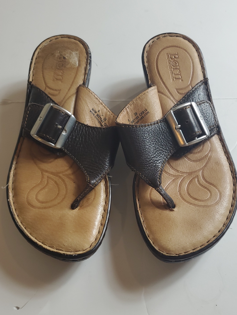 Born Leather Buckle Thong Sandals in Brown and Tan